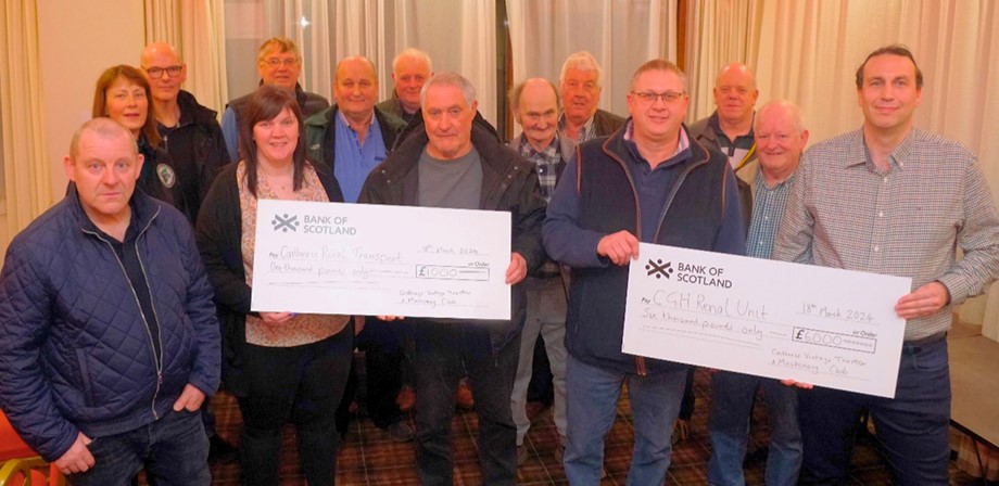 The Caithness Vintage Tractor & Machinery Club presenting their donation to NHS staff member Bruce, for the Caithness General Hospital renal unit in 2024.