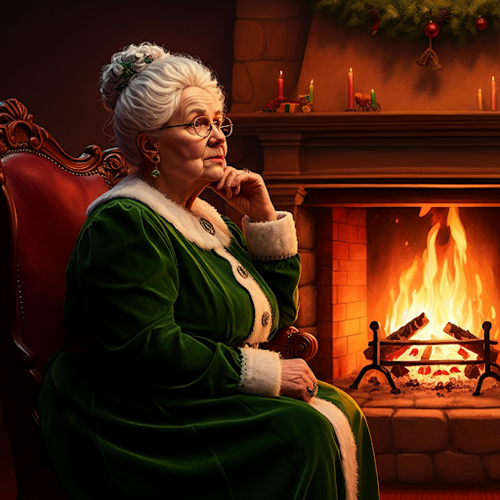 Mrs Claus sitting by the fire