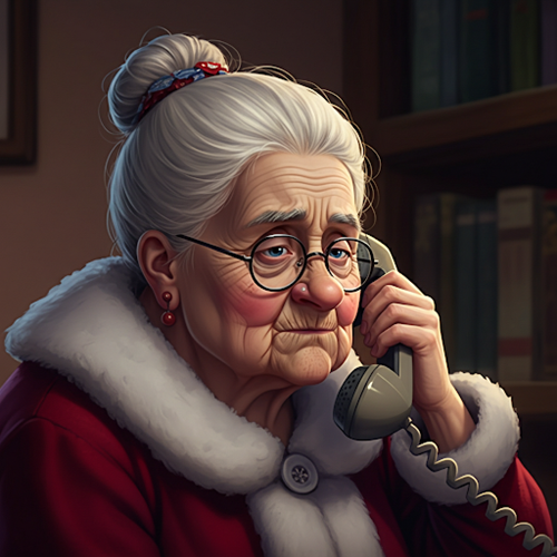 Mrs Claus looking sad on the phone