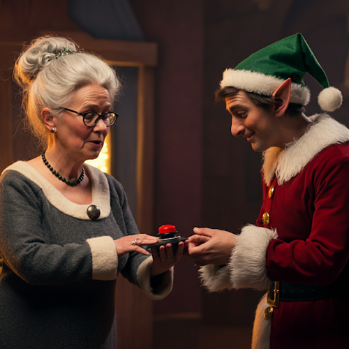 Elf handing Mrs Claus a red button