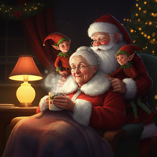 Mrs Claus surrounding by Santa and his elves